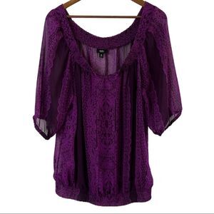 Mossimo purple Sheer blouse elastic bottom Off Shoulder Neckline Size Medium